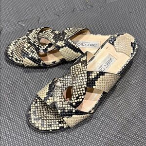 Jimmy Choo Atia snake-print flat slide sandals beige and black size 7.5